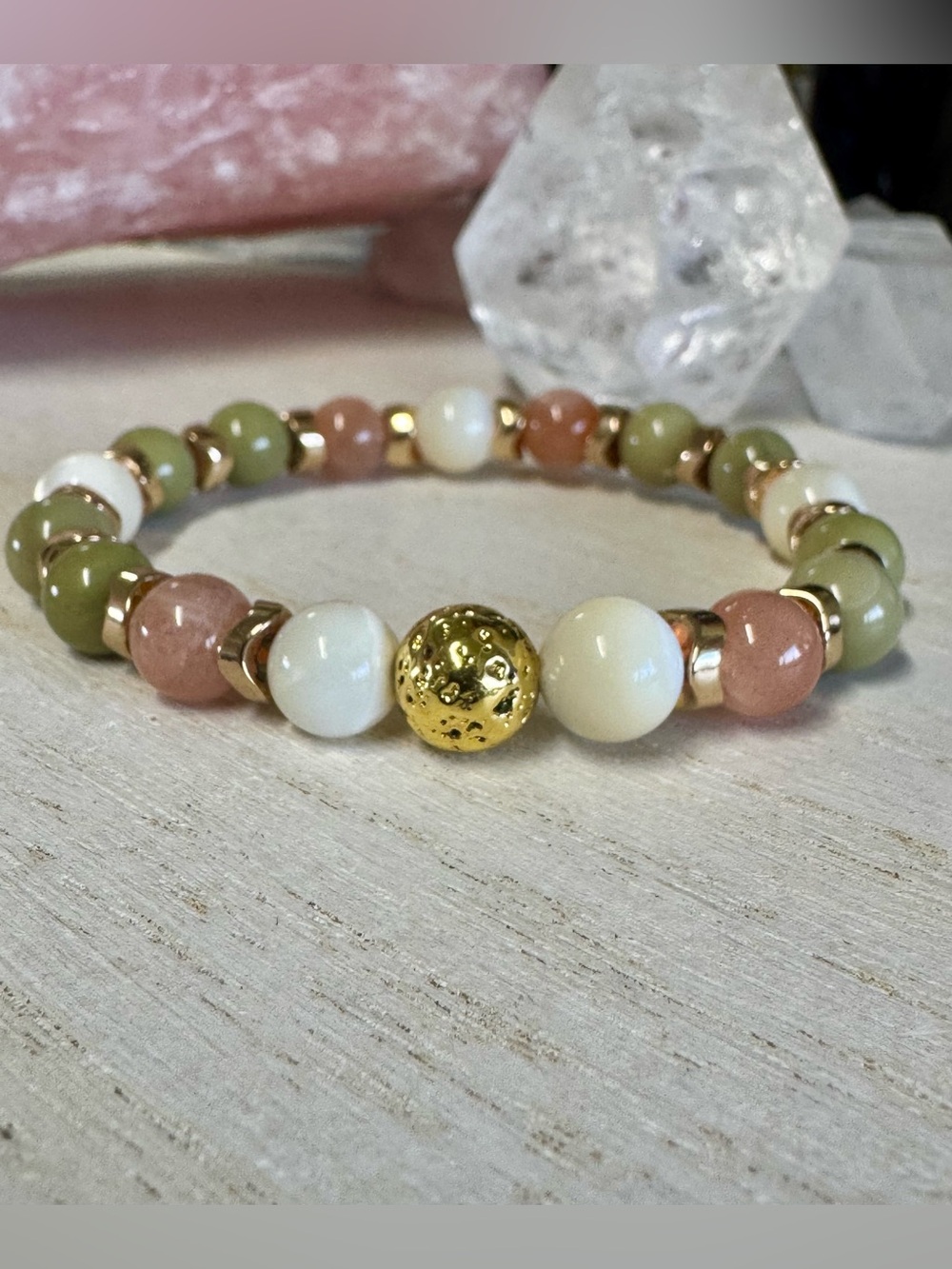 Sunstone Mother of Pearl and Green Alashan Agate Bracelet with Gold Tone Accents